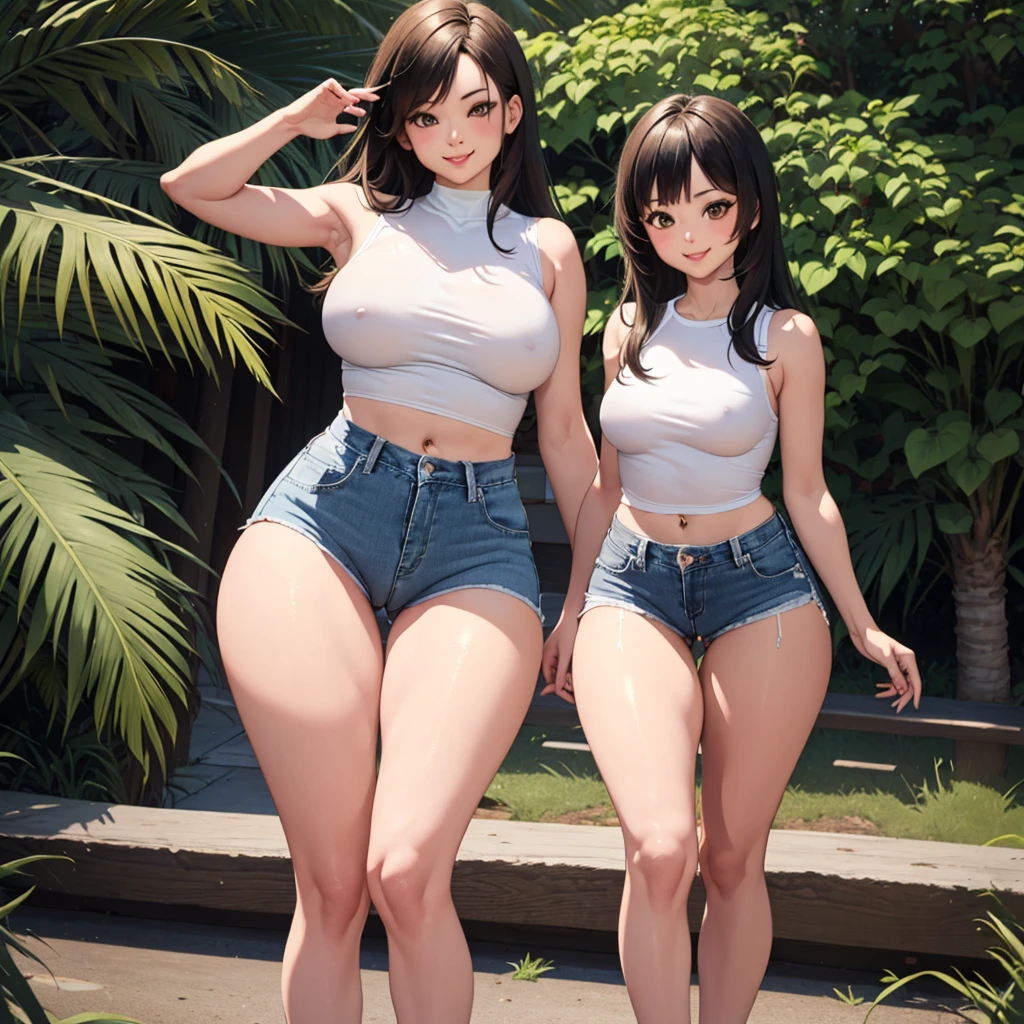 (((Fullbody))), Very Kawaii, smile, lip lips, seductive smile, Solo, Slim, Large Breasts, Plain White T-shirt, Tight Shorts, upshorts, Dynamic Angle, Park background, in the park, looking at viewer, darker shadows, (((absurdres))), (((thigh gap))), (((cameltoe))), (((sleeveless))),