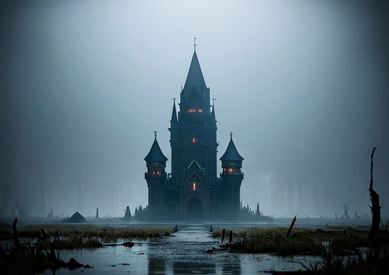 A dark castle in the middle of a swamp with vegetation, foggy, gothic, ismail inceoglu, hdr, . ZEROSTYLEBG, Horror game Zero style,  horror background, Horror background,  Horror style,  Horror image, monster's nest