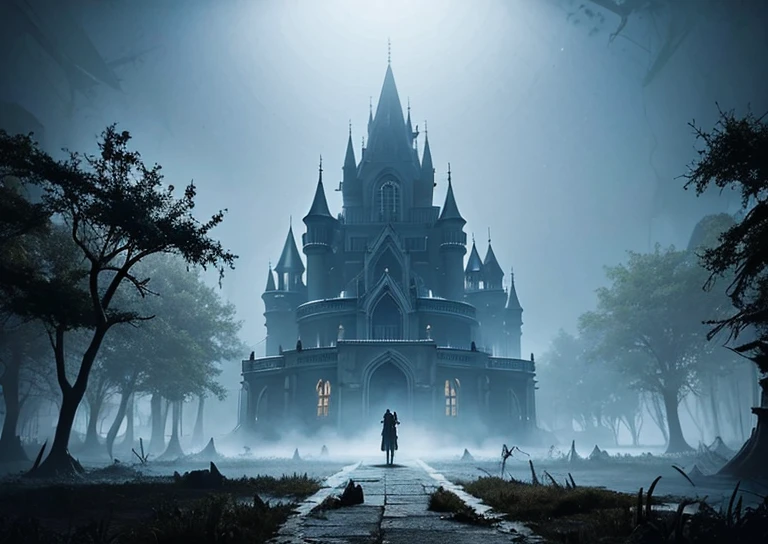 A dark castle in the middle of a swamp with vegetation, foggy, gothic, ismail inceoglu, hdr, . ZEROSTYLEBG, Horror game Zero style,  horror background, Horror background,  Horror style,  Horror image, monster's nest
