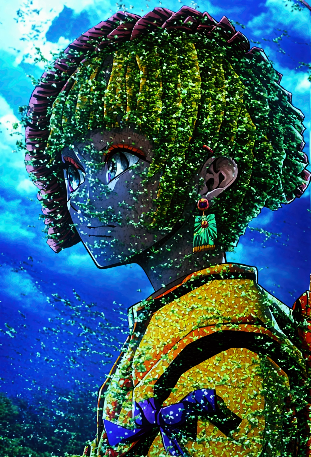 ((best quality)),short film Kimetsu no Yaiba style,une fille seule,with a demon hunter outfit, Expression calme,en regardant le lys,Un petit sourire,yeux marron brillants, bob hair,japanese house,warm light,earrings'moon ears,avec un lys à la main,c'is sunset