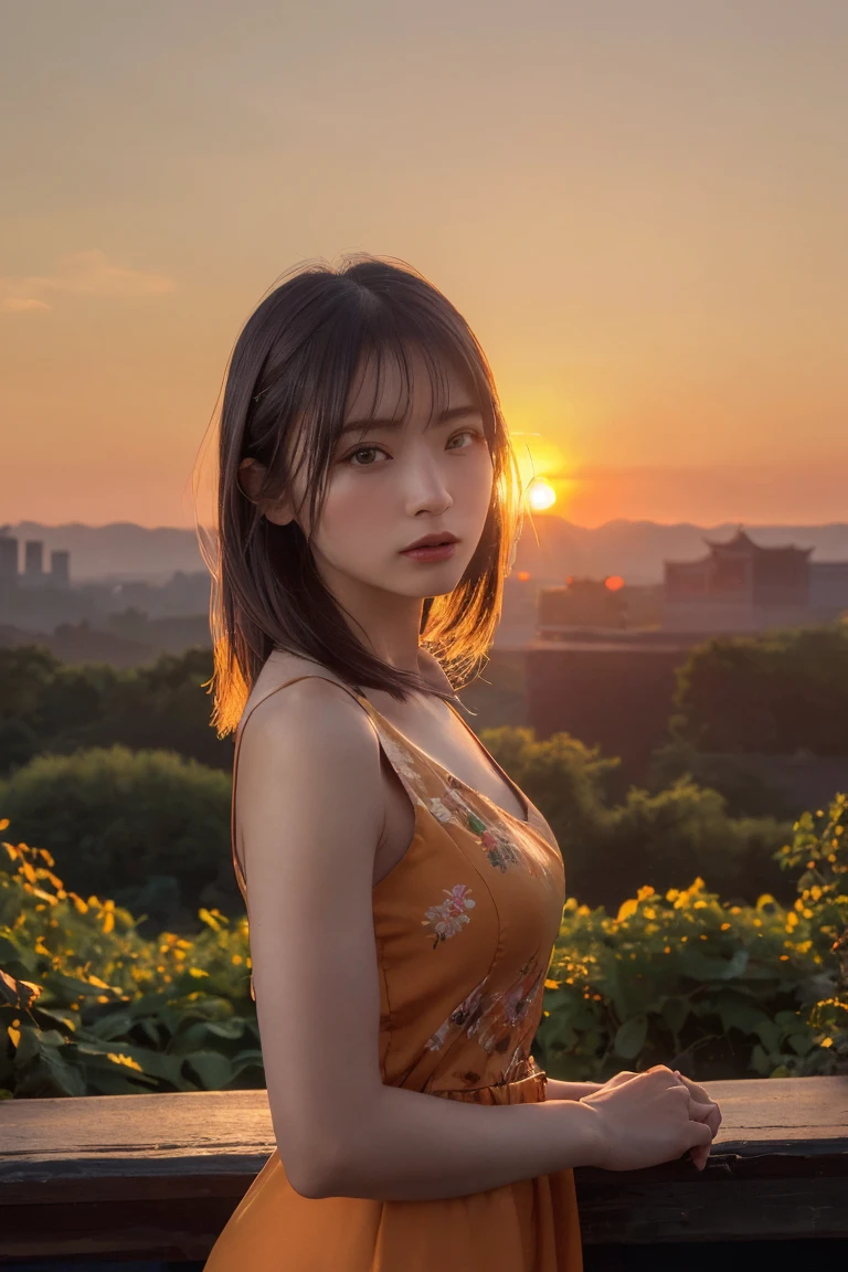 (Highest quality:1.4),(masterpiece:1.4),(Realistic:1.4),(Realistic:1.2),(超High resolution, RAW Photos:1.4),(High resolution, Very detailed:1.2),(8K:1.2),Movie Photos,a photo of a dark-haired,One Girl,alone,wear ,((China dress))、((Upper Body:1.3)),((Sunrise time/Sunrise time/Sunrise time:1.3))