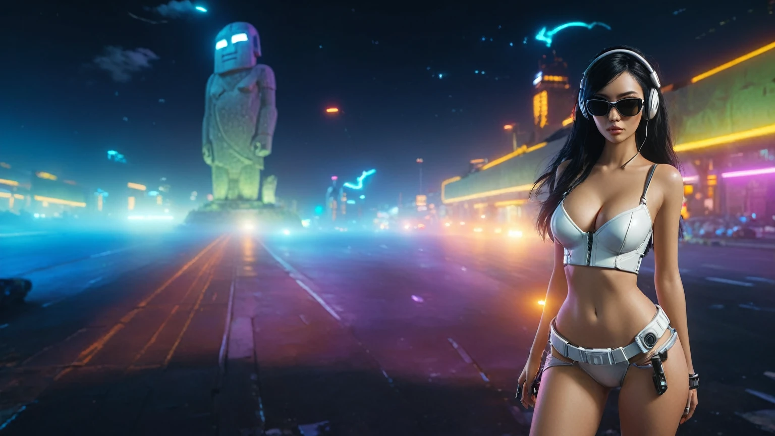 At night, dark sky, distant shot aerial view of fantasy cyberpunk style ((Moai-statue)) city, ((flying vehicle)). ((1girl, solo, alone)), medium-breast:1.1 slim body, cleavage, sexy clothes, (headphone, black sunglasses, long black realistic hair), (((hip-up standing and holding pistol))), half-body thigh level medium shot, cinematic lighting.