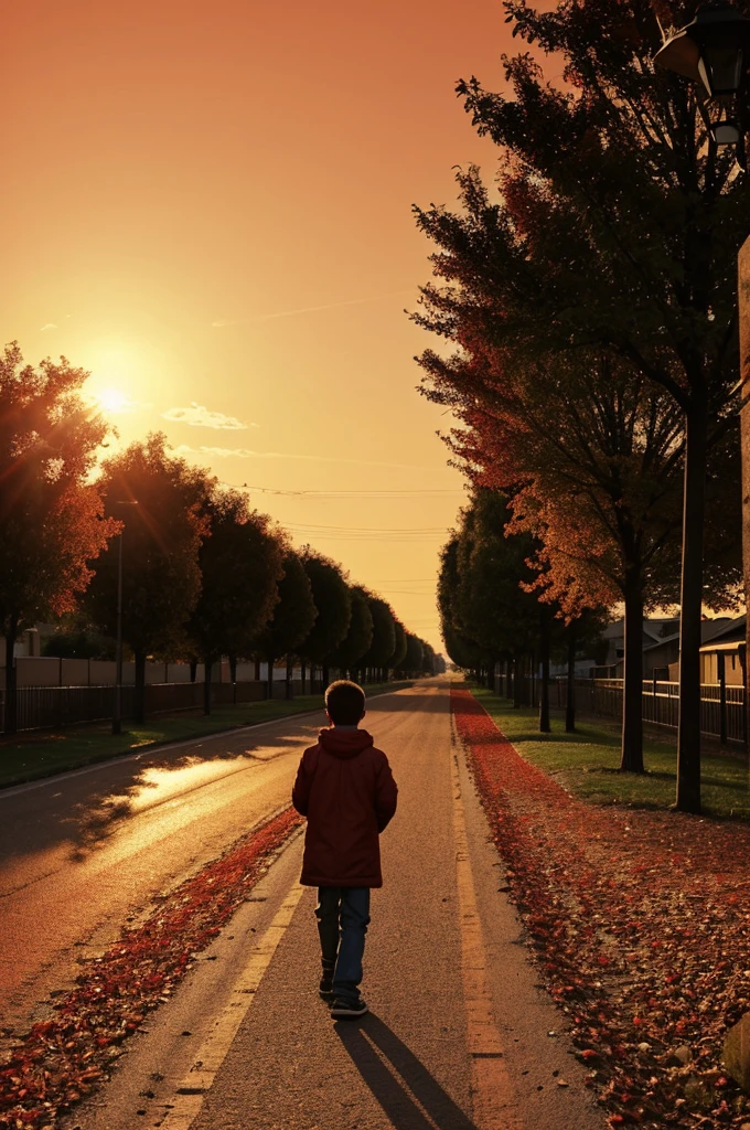 On this autumn afternoon, a boy walks down a lonely road. Daylight is much less street lights are burning. The sun is red in the western sky