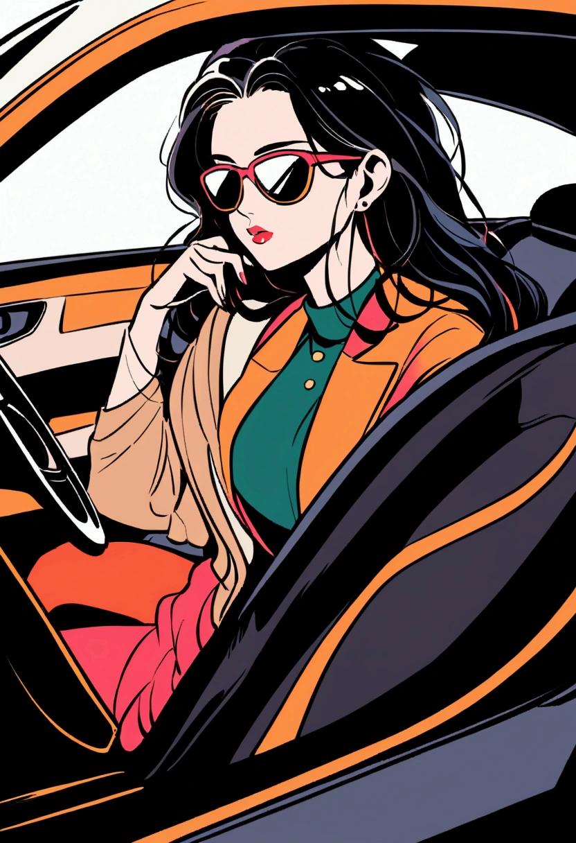 Girl,(()),Black Hair,Sitting in the back of a luxury car,Wearing sunglasses,((Wave)),Rich colors,Illustration style