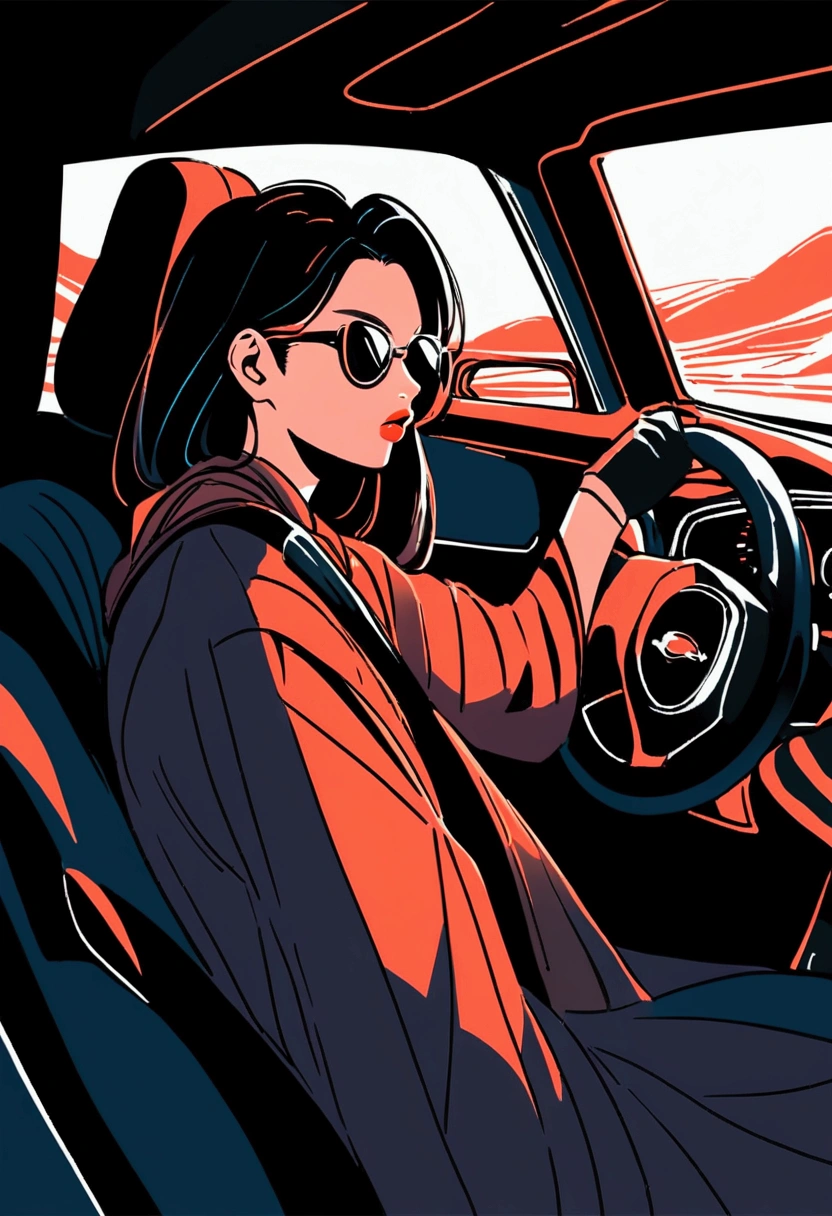 Girl，((student))，Black Hair，Sitting in the back of a luxury car，Wearing sunglasses，((Wave))，Rich colors，Illustration style