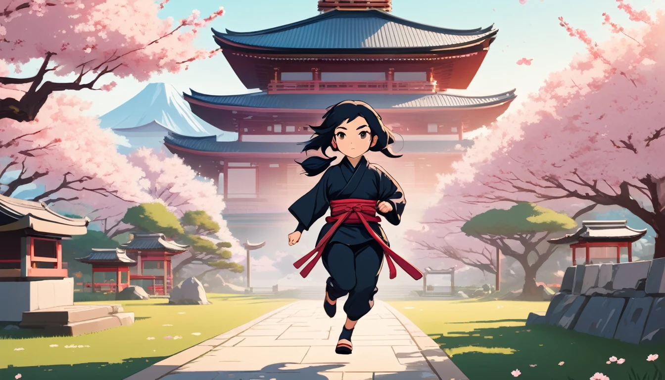 Female ninja running,Background is cherry blossoms and a Japanese temple、 Wide-angle lens, Lofi Anime, Lofi illustration, Aesthetic atmosphere, Lo-Fi Style, Vector art, Flat Design, Simple shape, Warm tones, Pleasant atmosphere, Chill, In anime style, Digital drawing, Vector art, Vector logo for t-shirt printing, (Adorable:1.5), (small:1.4), (Playful:1.2), (soft:1.3), (Whimsical:1.1), masterpiece, Highest quality, 8K, Intricate details, grow, Celestial, Mysterious, Picturesque, amazing, Majestic, Magic, Fantasy art, Cover art, dream-like