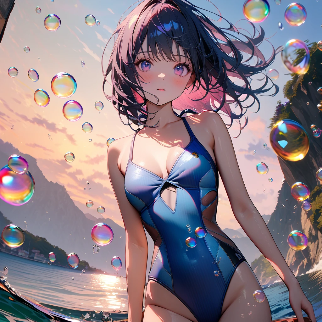 (Girls in swimsuits:1.5), ,(Lots of beautiful bubbles:1.4), break ,background\(Golden Hour,Very beautiful sea\), break ,quality\(8K,非常に精細なCGユニットのwallpaper, masterpiece,High resolution,top-quality,top-quality real texture skin,Surreal,Increase the resolution,RAW Photos,最高quality,Very detailed,wallpaper,Cinema Lighting,Ray-tracing,Golden Ratio\),Dynamic Angle,Bubbles close-up