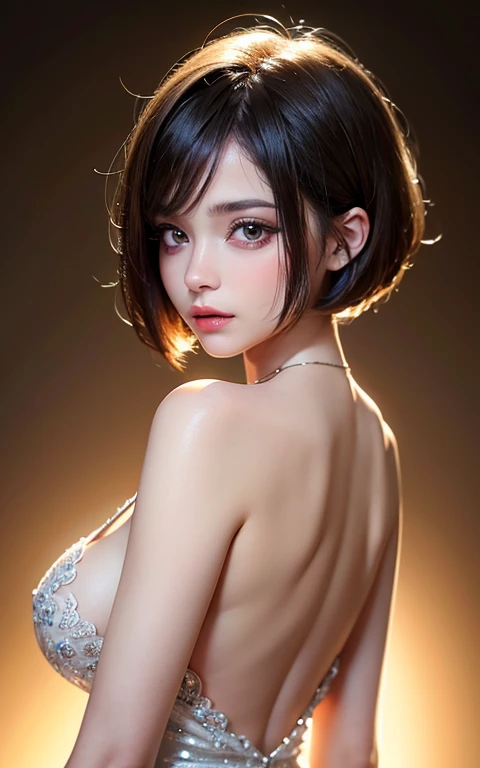 (UHD, Retina, masterpiece, precise, Anatomically correct, Textured Skin, Super Detail, High Detail, high quality, best quality, high resolution, 1080P, HD, 4K, 8K, 16K), (Beautiful and delicate eyes, Beautiful and delicate lips, Extremely detailed eyes and face), Studio Lighting, Physically Based Rendering, Bright colors, (Large Breasts, Attractive figure, big nipples), (backless see-through dress), (portrait, Bob Cut, Shiny hair, Glowing skin, blush), (Bokeh), Eye Reflection,