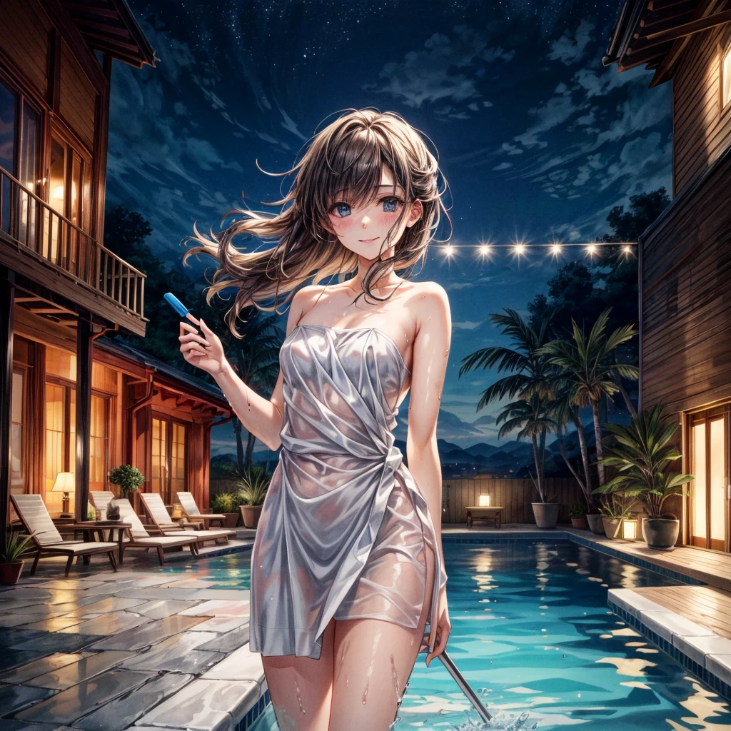 modern style,Realistic,Real,Photorealistic,Actual photo,colorful,
It depicts a scene of several women and staff enjoying a party by the poolside,
((night,Lunch on the table in the back)),
((Illuminated pool,LED-lit pool water)),
Dolphin floats and beach balls floating in a small pool,
Good friends,Pleasant memories,Time together,
Depth of written boundary,Splash,mischief,Folded bath towel,
Detailed Description,View here,smile,Commemorative photo,
Perfect face and body,Detailed face,Perfect Anatomy,
masterpiece,Highest quality,16K,High resolution,Raw photo,Professional,
Award-winning,Browsing Caution,Art Station,
Cinematic lighting,Natural lighting,Soft lighting,
Warm tones,Cozy atmosphere,A gentle and sweet space,
Captivating,Keep an eye out,
Medium Shot,
Physically Based Rendering,
Thin outline BREAK Spotlight on him,Beautiful Face,Well-formed face,
Wet and fresh skin,Water pops,