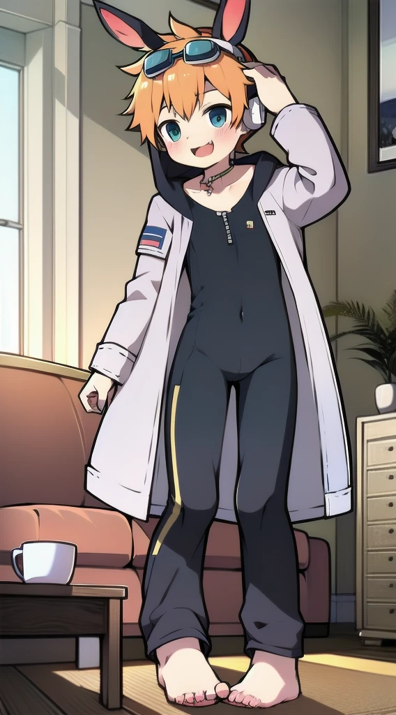 2D Shonen Shota,One-piece racing suit,Slim, healthy body,Put the headphones on your head,stand up,goggles,Rabbit ears,Happy,Sailor collar,tie,zipper,hood,Trench coat,living room
