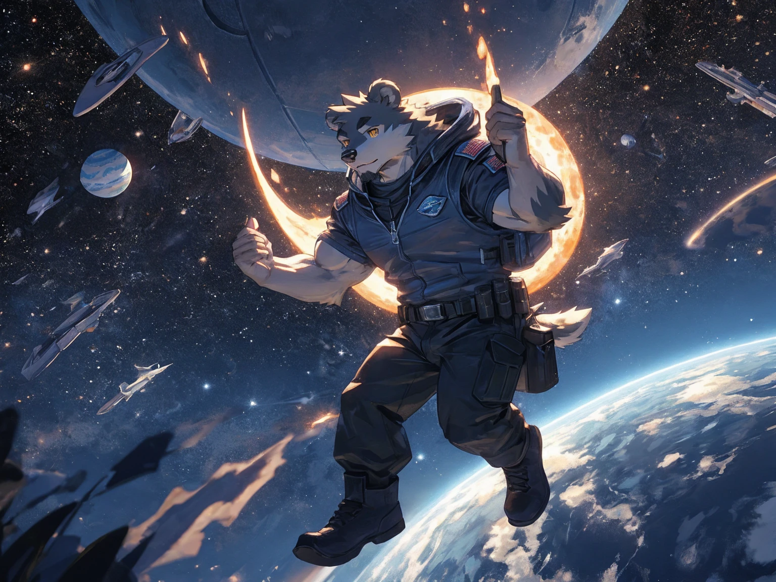 (masterpiece:1.2), best quality,pixiv,official art,perfect anatomy, (Ray tracing, light),solo, (1_male:1.3) , (muscle), (grey fur:1.4), (muscle bear), (beard:1.2), (gleaming golden eyes), bear tail, full body, Thick black eyebrows,(open hooded parka), (naked inside), (cargo pants:1.2), boots , (in the space:1.3) , star , planet , earth , asteroid , (character floating :1.3)