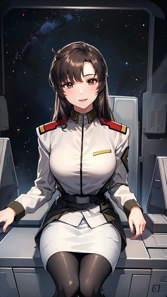 masterpiece, best quality, High resolution, Calm 1, 1 girl, alone, (Black_pantyhose:1.1), army uniform, army, cosmetics, White shirt,  White Skirt, tight skirt, sitting, Upper Body, cockpit, space, Smile