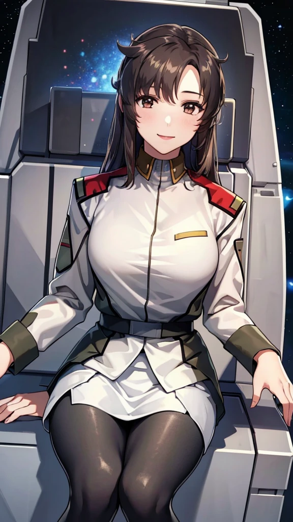 masterpiece, best quality, High resolution, Calm 1, 1 girl, alone, (Black_pantyhose:1.1), army uniform, army, cosmetics, White shirt,  White Skirt, tight skirt, sitting, Upper Body, cockpit, space, Smile