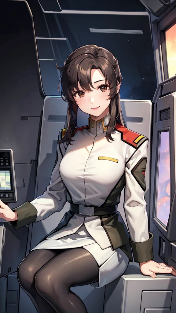 masterpiece, best quality, High resolution, Calm 1, 1 girl, alone, (Black_pantyhose:1.1), army uniform, army, cosmetics, White shirt,  White Skirt, tight skirt, sitting, Upper Body, cockpit, space, Smile