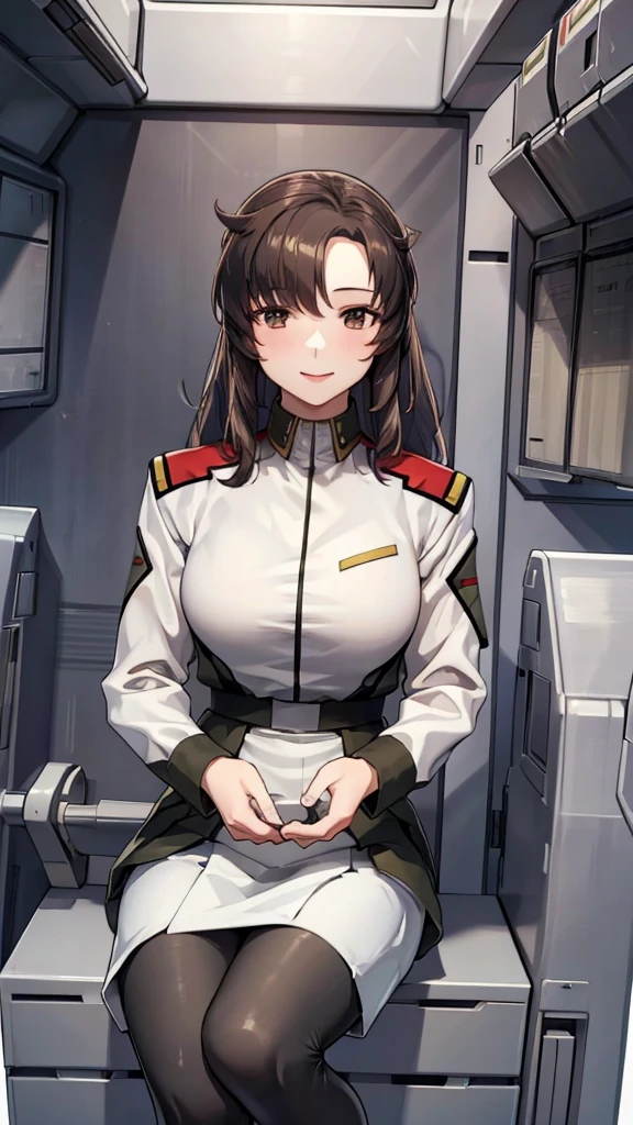 masterpiece, best quality, High resolution, Calm 1, 1 girl, alone, (Black_pantyhose:1.1), army uniform, army, cosmetics, White shirt,  White Skirt, tight skirt, sitting, Upper Body, cockpit, space, Smile