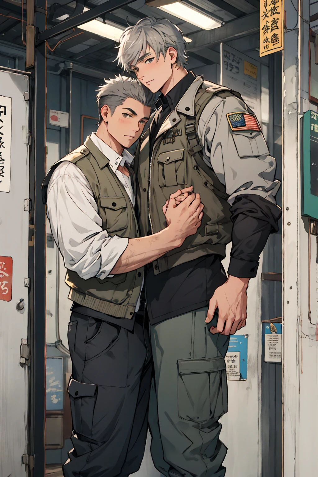 2others, 1girl, 1man, (1girl, 14yo, girl with short gray hair, gray eyes, wearing dirty grey torn dress), BREAK (1man, 40yo, military vest and cargo pants), holding hands, (size difference:1.5), tumblr, sosaku hanga, doujin, ddlc, zerochan, top quality, best quality, highres, unparalleled masterpiece, perfect artwork, paid reward available, indoor