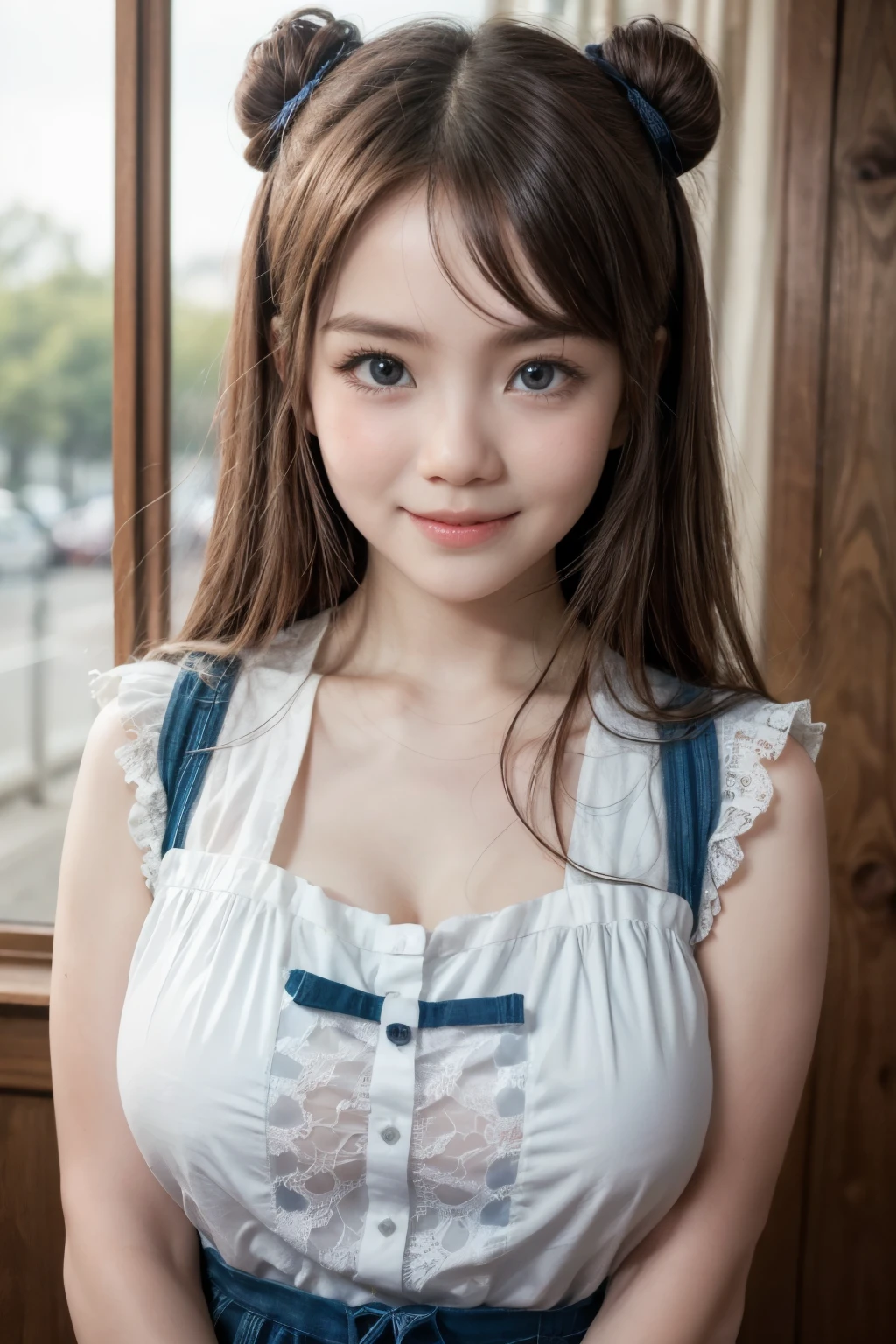 adorable, 1 girl, (face to face), , baby face, happy, medium portrait, (face details: 1), (eye details:1), ((big breasts)). wearing transparent transparency mini apron, .. Cute posed. proportional body. Ultra High Res. realistic: 1.4, UHD, poke a bun Hairstyle , lace