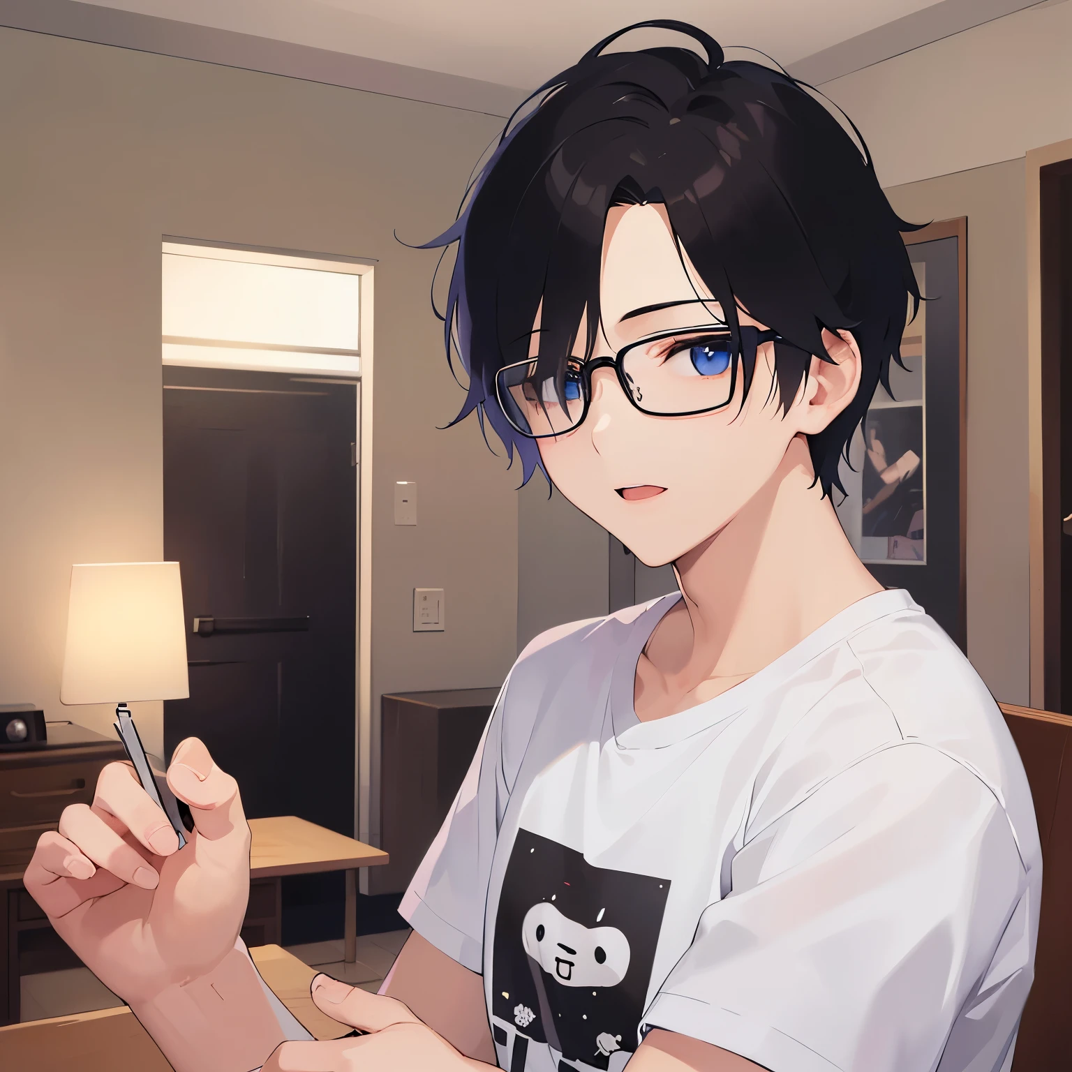 plastic frame eyewear、upper body、shiny skin, masterpiece、Highest quality、(25-year-old male:1.5) and (Black short hair) and (blue eyes), Hair over one eye, (White T-shirt)、smile, open mouth, The background is the living room、(Alone:1.5)、Are standing、(night:1.5)