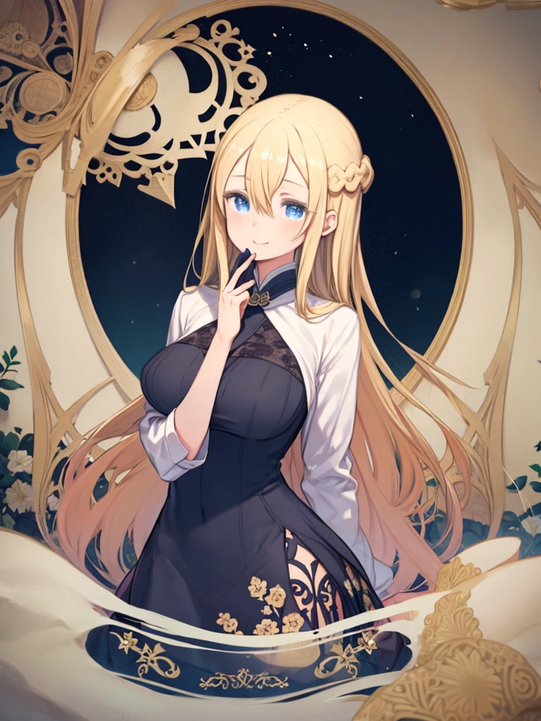 (Highest quality, masterpiece), One girl, Blonde Hair、long hair、Hair between the eyes、Braid、Blue Eyes、 Big Breasts、amazing, cute, A gentle smile, Hourglass Shape, Floral Dress, apron, food,