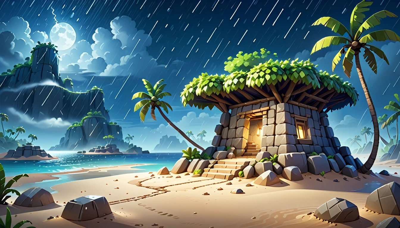 Deserted Island Environment，night，Desert island，Shelter made of stone，It was raining heavily，Clash Royale Style，
