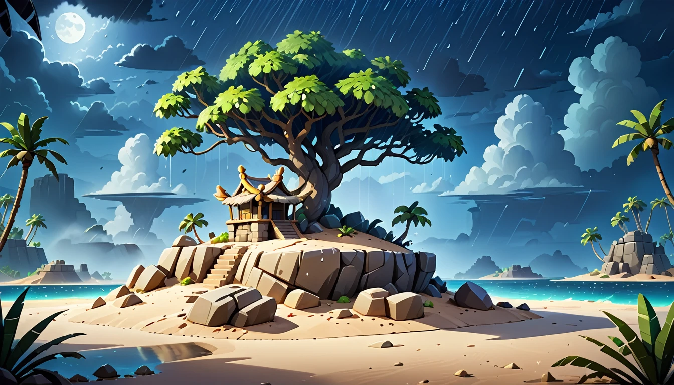 Deserted Island Environment，night，Desert island，Shelter made of stone，It was raining heavily，Clash Royale Style，