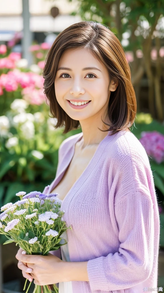to be born, Highest quality, High resolution, (masterpiece: 1.3), Body Shot, かわいいJapanese女性, masterpiece, Bent body, Big Breasts, Cute face, White skin, Fair skin, Cute eyes, Elegant smile, light makeup, stand in front of a flower shop, Feminine gestures, Elegant expression, Viewers facing each other, Focus on your audience, Wearing a white dress, Pretty dress, Wearing a lilac cardigan, Perfect cardigan, かわいいBeautiful pastel colors, Beautiful pastel colors, at noon, Great lighting, Great sunlight, Bright colors, Ultra-realistic clean lines, Very realistic、Japanese、40 years old、A radiant smile、E cup breasts、Hide your fingers、Accentuate your breasts、Cleavage、Disheveled clothing
