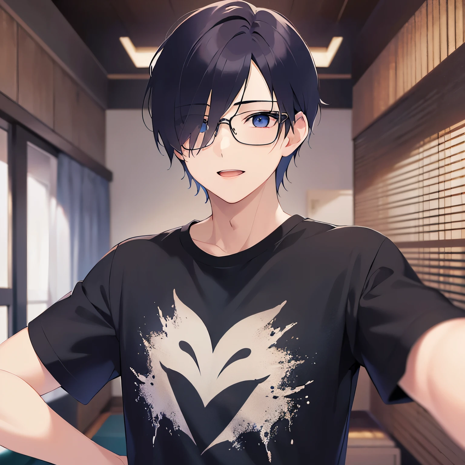 plastic frame eyewear、upper body、shiny skin, masterpiece、Highest quality、(25-year-old male:1.5) and (Black short hair) and (blue eyes), Hair over one eye, (Black T-shirt)、smile, open mouth, The background is the living room、(Alone:1.5)、Are standing、(night:1.5)
