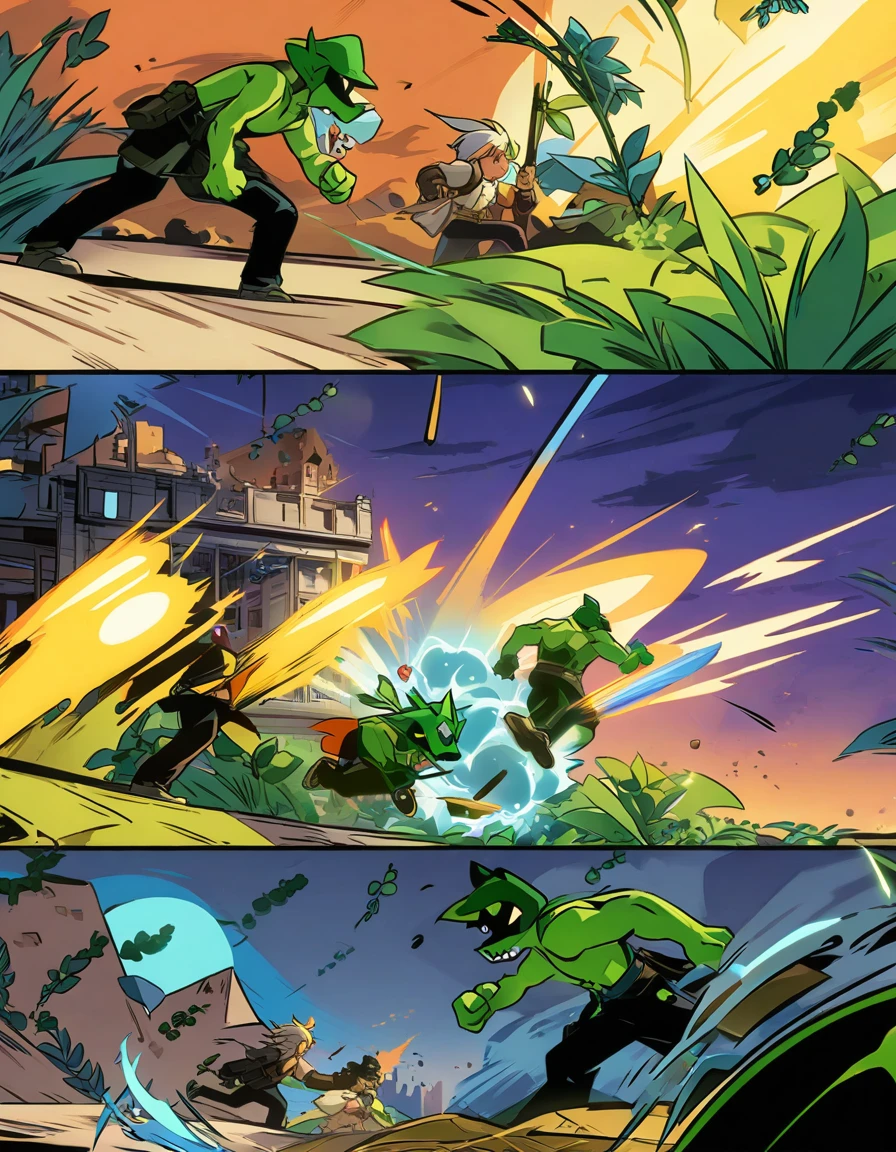 长者眼睛的巨大的穿着战甲的Pea shooter对决食人花，Eye contact，Plants vs. Zombies style，Pea shooter是主角，Pea shooter，Large-mouthed flower，Cartoon Character, Battle with plant monsters，, 在fighting，，Fight，sideways，In the War，Character art相反游戏角色, Candy Fantasy World，In the future world，fighting，Magic Attacks，Exciting showdown，game character art, Character art, Qataghting，Poster Art，World，fighting中，Desolate prairie as background，Plants entwined in urban buildings，Game comic style，Pea shooter大战，Plant Warfare