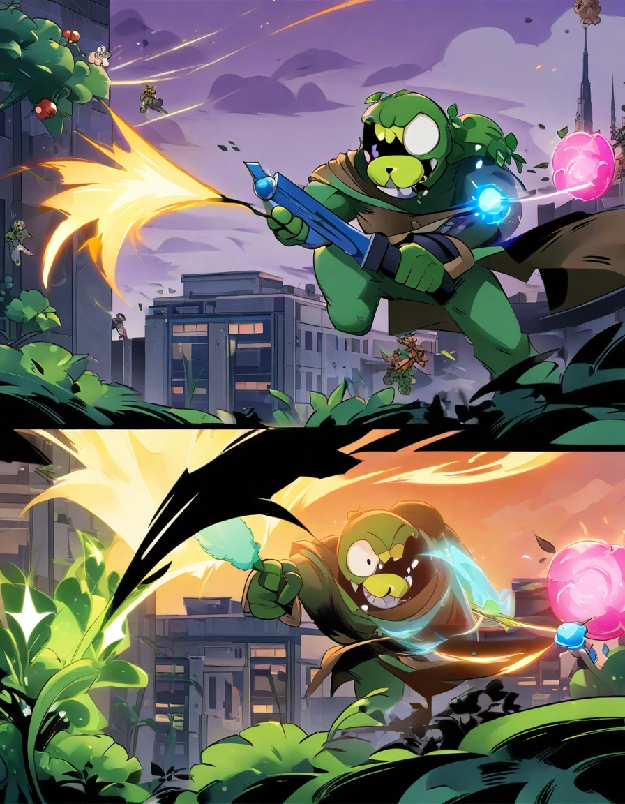 长者眼睛的巨大的穿着战甲的Pea shooter对决食人花，Eye contact，Plants vs. Zombies style，Pea shooter是主角，Pea shooter，Large-mouthed flower，Cartoon Character, Battle with plant monsters，, 在fighting，，Fight，sideways，In the War，Character art相反游戏角色, Candy Fantasy World，In the future world，fighting，Magic Attacks，Exciting showdown，game character art, Character art, Qataghting，Poster Art，World，fighting中，Desolate prairie as background，Plants entwined in urban buildings，Game comic style，Pea shooter大战，Plant Warfare