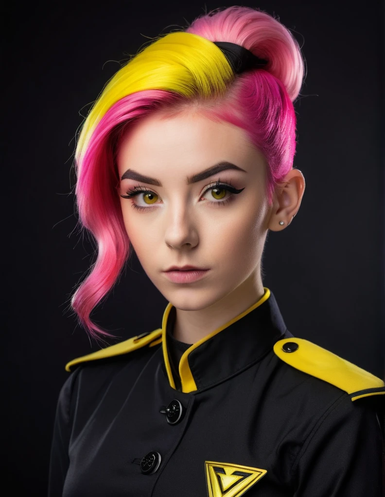 very attractive 25 year old female with long bright pink hair, headshot of a young woman, vulcan, pointed ears, pointed eyebrows, wearing black and yellow ds9st uniform, yellow collar, hair up, studio lighting, stoic expression,
