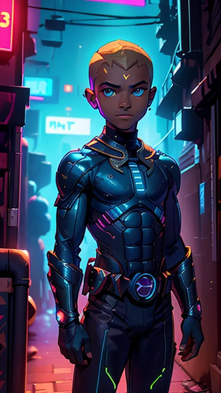 best quality,masterpiece,1boy,solo,(((13years old))), African boy,an extremely cute and handsome boy,highly detailed beautiful face and eyes,petit,cute face,lovely face,baby face,shy smile,show teeth, Blonde hair, buzzcut hair,dark skin,flat chest,skinny,slender,(((wearing Aqualad costume))),(((standing in Dark Midnight Neon Glow light Cyberpunk metropolis city))),he is looking at the viewer,