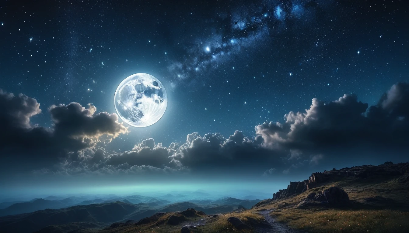 detailed fantasy night sky, full moon, Milky Way, dramatic lighting, Shining stars, cinematographic composition, ethereal mood, atmospheric, mystic, from another world, 8k, high resolution, detailed, photorealistic, dramatic lighting, fantasy art, conceptual art, dramatic lighting, vibrant colors, deep shadows, moody, magical