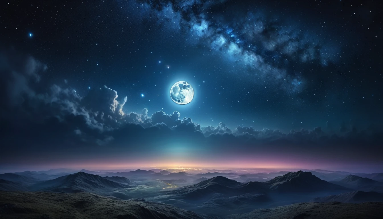detailed fantasy night sky, full moon, Milky Way, dramatic lighting, Shining stars, cinematographic composition, ethereal mood, atmospheric, mystic, from another world, 8k, high resolution, detailed, photorealistic, dramatic lighting, fantasy art, conceptual art, dramatic lighting, vibrant colors, deep shadows, moody, magical