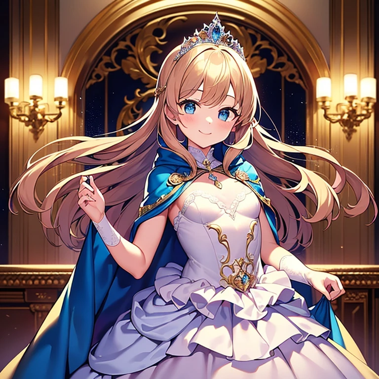 looking at viewer, upper body,(masterpiece),(best quality),(rococo style),(long train blue cape:1.15), very long cape,(long train white ball gown with flower decorations:1.1), a girl is wearing a cape over her gown, 1 little princess, tiara, smile, very long hair, small breasts