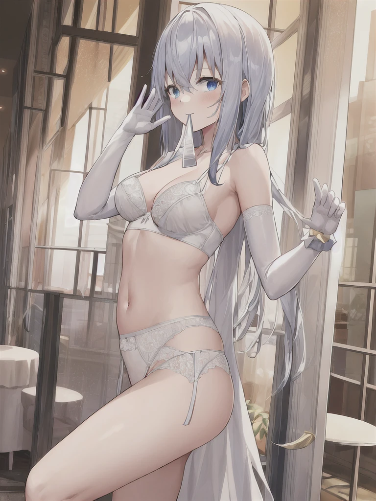 (in hotel, masterpiece, best quality:1.2), (1girl, , hold hair band in one's mouth, waving hair, long hair, white lingerie, white elbow gloves)