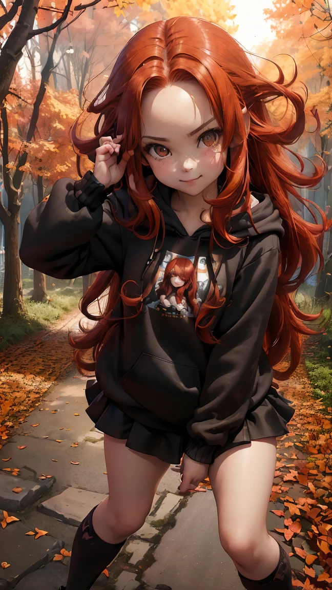 Young girl, (), (little body, small height), (petite girl: 1.35), (adorable face), (big forehead: 1.2), she has a long flowing hair, (red hair: 1.5), (long hair: 1.35), asian features, (brown eyes: 1.5), bright eyes, brown light eyes, (white skin: 1.35), beautiful detailed eyes, cute young girl, (flat chest: 1.35), (((wearing black skirt, a baggy black hoddie and Over-the-knee socks))), high quality clothes, clothes, high resolution, (detailed clothes), (loose hoddie: 1.35), (autumn forest, sunset, warm light background))), cute, daring girl, (detailed background), (full detailed 8k), (perfectly detailed face), (enhance anatomy), vfx, highres, sharp, focus, (photorealistic artwork: 1.35), (extremely detailed CG unity 8k wallpaper), (((vibrant colors, vibrant theme))), (dynamic pose: 1.5), cool vibes, fashion girl, happy, flirting expression, coquette, (playful attitude), smiling, happy, adorable small gir