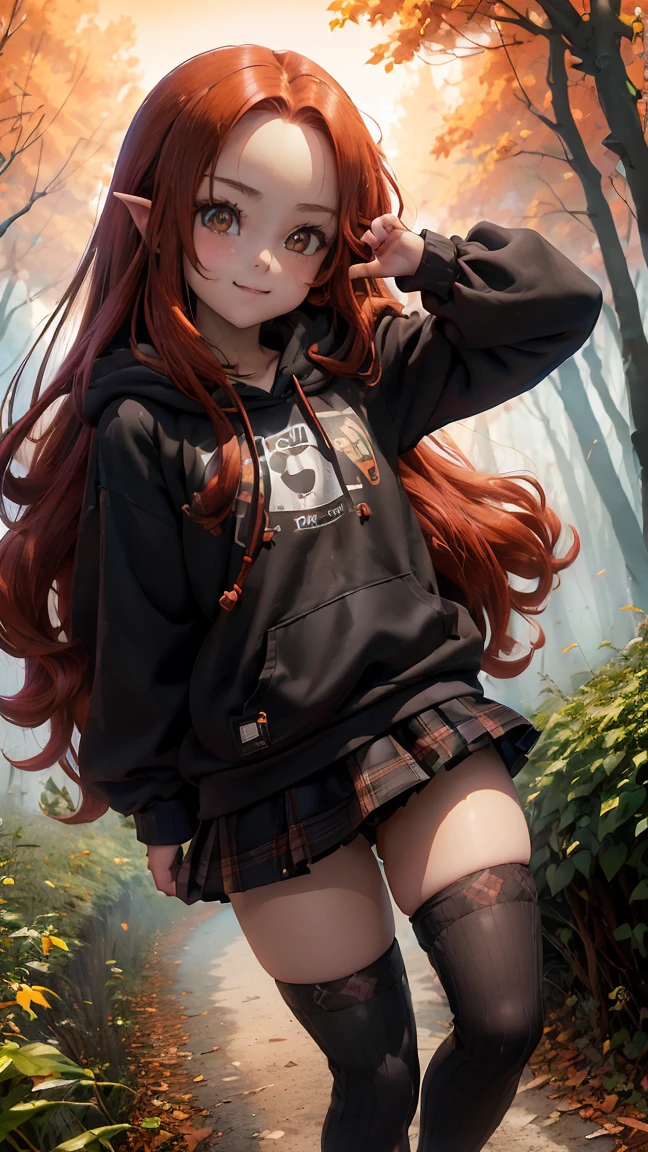 Young girl, (8 years old), (little body, small height), (petite girl: 1.35), (adorable face), (big forehead: 1.2), she has a long flowing hair, (red hair: 1.5), (long hair: 1.35), asian features, (brown eyes: 1.5), bright eyes, brown light eyes, (white skin: 1.35), beautiful detailed eyes, cute young girl, (flat chest: 1.35), (((wearing black skirt, a baggy black hoddie and Over-the-knee socks))), high quality clothes, clothes, high resolution, (detailed clothes), (loose hoddie: 1.35), (autumn forest, sunset, warm light background))), cute, daring girl, (detailed background), (full detailed 8k), (perfectly detailed face), (enhance anatomy), vfx, highres, sharp, focus, (photorealistic artwork: 1.35), (extremely detailed CG unity 8k wallpaper), (((vibrant colors, vibrant theme))), (dynamic pose: 1.5), cool vibes, fashion girl, happy, flirting expression, coquette, (playful attitude), smiling, happy, adorable small gir