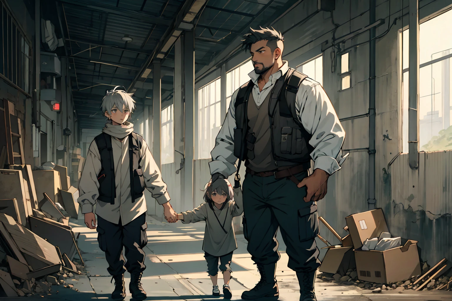 2others, 1girl, 1man, (1girl, 14yo, girl with short gray hair, gray eyes, wearing dirty grey torn dress), BREAK (1man, 40yo, military vest and cargo pants), holding hands, (size difference:1.5), tumblr, sosaku hanga, doujin, ddlc, zerochan, top quality, best quality, highres, unparalleled masterpiece, perfect artwork, paid reward available, indoor