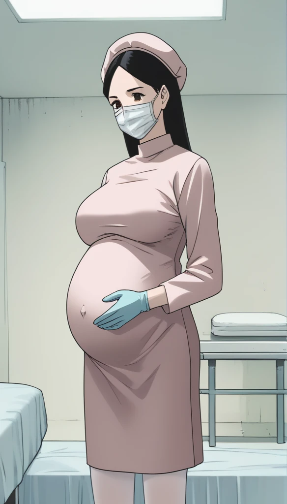 score_9,  score_8_up, score_7_up, source_anime, raw image, masterpiece, highest quality, kasuganoray, pale skin, shy eyes, long black hair, big breasts, scrubs, surgical mask, bouffant cap, long sleeve maternity dress, seamless, navel head, the dress isn't wrinkled, long white stockings,
1girl, pregnant, solo, long rubber gloves, looking down, furrowed brow, hospital bed, light shines from the ceiling, standing, patient room background, 