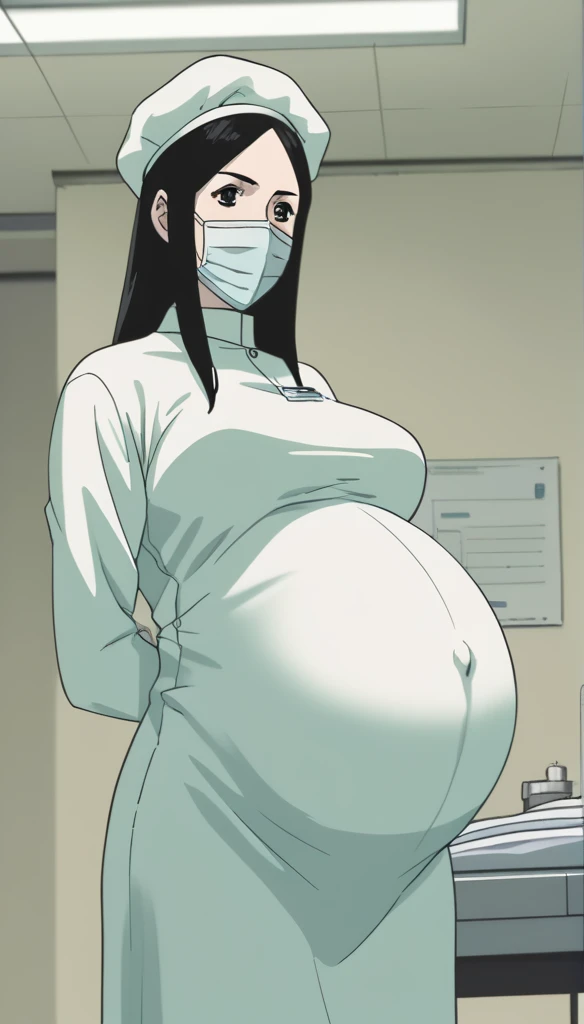 score_9,  score_8_up, score_7_up, source_anime, raw image, masterpiece, highest quality, kasuganoray, pale skin, shy eyes, long black hair, big breasts, scrubs, surgical mask, bouffant cap, long sleeve maternity dress, seamless, navel head, the dress isn't wrinkled, long white stockings,
1girl, pregnant, solo, long rubber gloves, looking down, furrowed brow, hospital bed, light shines from the ceiling, standing, patient room background, 