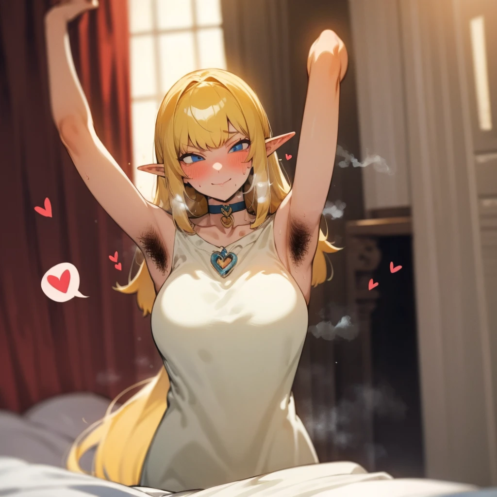 standing, elf, blonde hair, pointy ears, blue eyes, long hair, armpit hair, hairy armpits, blonde armpit hair, armpit hair peek, masterpiece, 4k, high quality, large breasts, bedroom, bed, window, blurry background, blush, full-faced blush, seductive smile, breath, heavy breathing, steam, steaming body, steamy, hot, 1girl, spoken heart, hearts, choker, backlighting, pov, imminent penetration