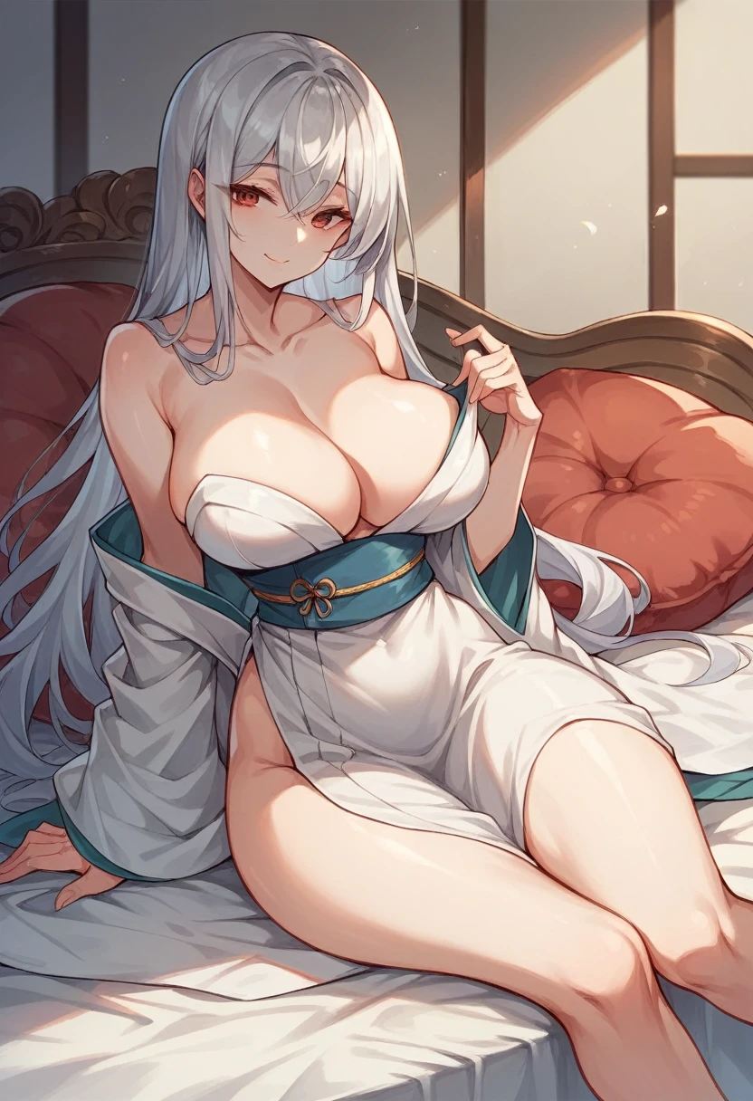 Girl sitting on bed（The girl has silver hair that is longer than her shoulders　She is wearing a beautiful white kimono and has slightly large breasts.　White skin　tall　With bangs　Beautiful face　Thin legs　Small waist, slightly large chest　Smiling　Silver Hair　Anime style long hair）