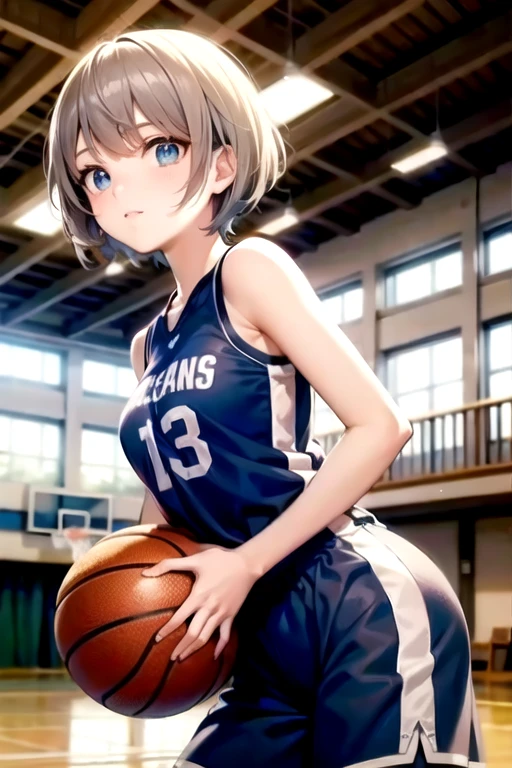 school gym, ((1 person)), Cute Girls, basketball unifrom, ((Highest quality)), ((masterpiece)), (detailed), Perfect Face, Perfect Arms, Perfect hands, Perfect Fingers, anime, Ultra-fine illustration,Blue Eyes, Gray Hair, (Very Short Hair:1.4), bangs, Proud look, Cowboy Shot, indoor,