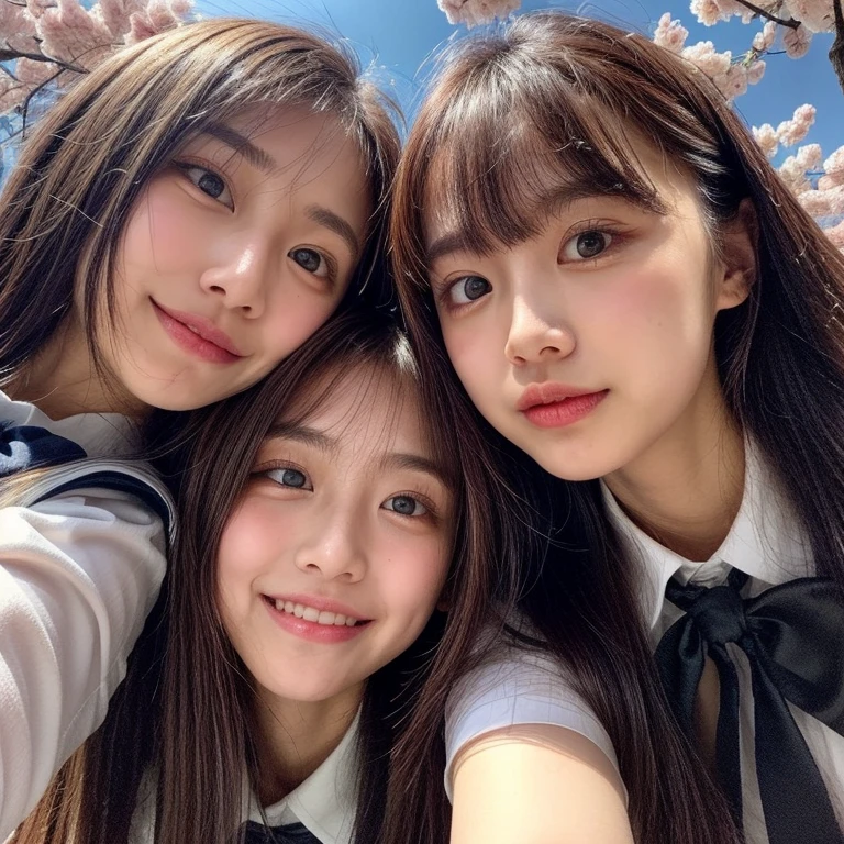 Best_Quality, HDR, masterpiece, Hi-Res, (realistic and photorealistic with touch of rawness:1.37), (group photo:1.6), ((SchoolGirls Surrounding the camera in Upward composition)), Panoramic, (Filled with many Faces), (NOGIZAKA face variations:1.4), { Looking down at the camera | (Kissing face to face) }, (((close:1.2, Face closeup from below:1.4))), (((Sky background)) with CherryBlossoms) . BREAK  Extremely Detailed KAWAII face variations, captivating gaze, elaborate detailed Eyes with (sparkling highlights:1.32), long eyelashes、Glossy RED Lips with beautiful details, Coquettish tongue, Rosy cheeks, Glistening ivory skin . { (Dynamic joyful expressions) | (:D) | (Kissing) }, Childish, SchoolUniform, Every girls have different hair colors and styles, { Slipped back hair | Bangs | Hime cut  | OKAPPA | White Silver hair | Blonde hair | Dark hair }