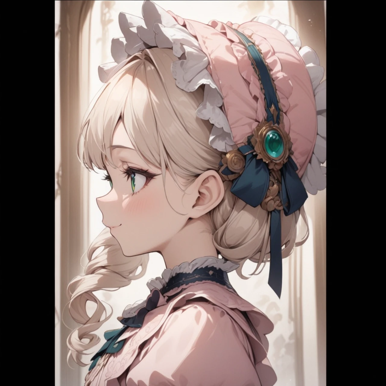 Platinum Blonde hair,curls,((emerald green eyes)),long eyelashes,((light pink victorian dress)),puffy short sleeves,pink frilled dress,((wide brimmed Bonnet with bows)),bustshot,masterpiece,highress,soft smile,bishoujo,peterpan collar,profile,white accents,white trim,white frills,((long curly side ponytail)),solo,facing left,((short hair))