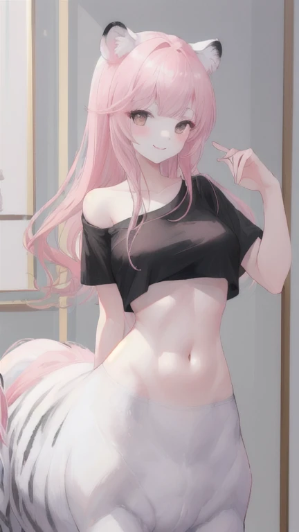 (best quality, masterpiece), 1 girl, centaur, It takes, White skin, Korean , ((23 years old)),black pink,Smiling, exposing the abdomen, belly button t-shirt , 아름다운 소녀 perfect white tiger photo, perfect white tiger photo