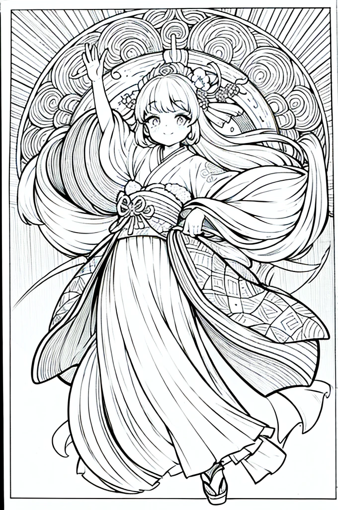 As a coloring book, the color should be black and white, the border should be simple, clear, and bold. A graceful Asian girl with elegant movements is performing a traditional Japanese dance in a grand [Kabuki theater]. She is wearing an exquisite [kimono with crane pattern], the flowing silk fabric accentuating her graceful movements. The girl's face is painted with delicate makeup, and her hair is adorned with an elaborate [hair ornament]. The intricate details of the kimono and the theater setting provide a rich visual tapestry for the coloring book illustration.