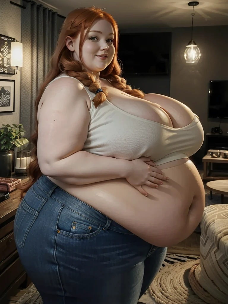 A happy, sidewiev photo of a young redhead ssbbw with long braided ginger hair, very very Huge soft hanging sideview fat belly, her belly hanging over her sideview thights, very obese fat arms, huge butt, cute pretty face, fat huge breasts in a summer top and jeans, holding her huge hanging belly in a modern livingroom