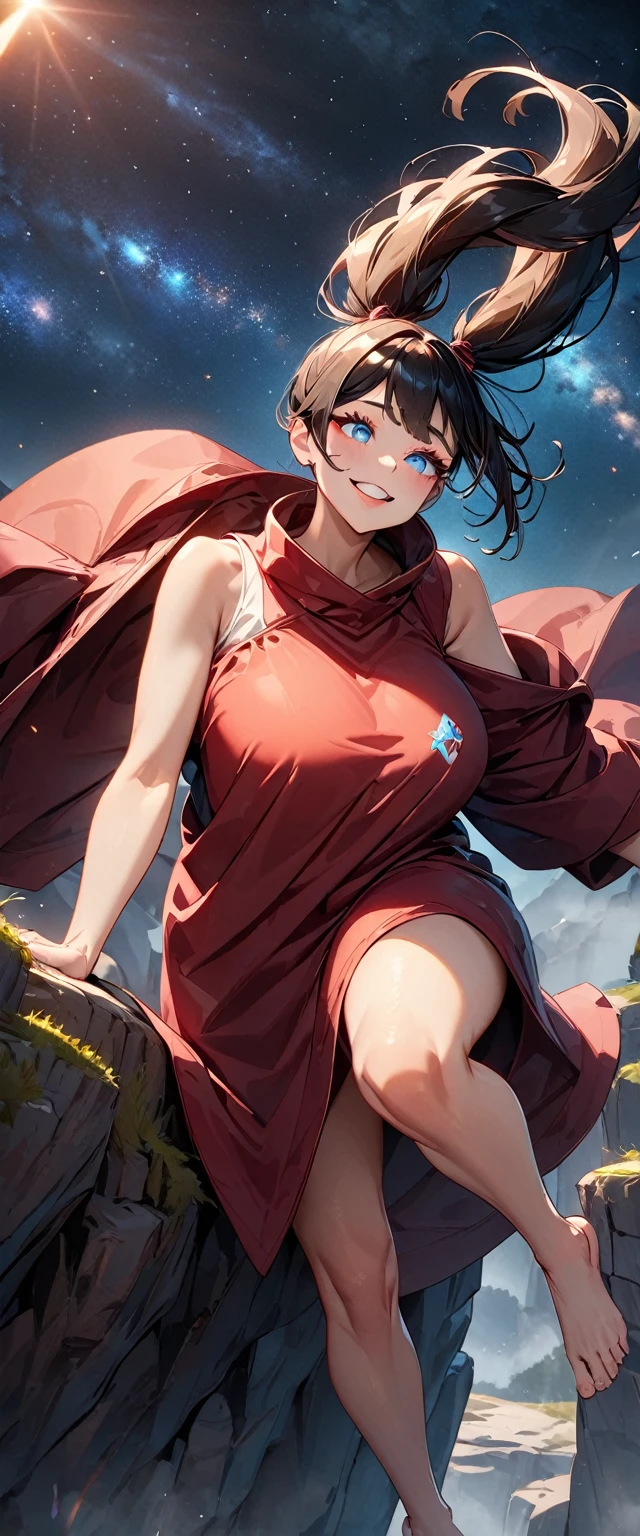 Photo of a woman with natural skin, Upper Body, Dynamic pose, laughing, High Twintails, Black hair with red mesh, Sharp eyes with blue eyeshadow, Shining eyes, A thin, upturned nose, Well-shaped lips, ((Black shoulder dress, oversized clothes, Decorated clothing)), Big Breasts, barefoot, Makeup, Exquisitely crafted with the utmost attention to detail, Vibrant, amazing, Smooth, Cinematic, 4K, Backlight, ((Atop a cliff with a beautiful starry sky, Cliff)), Shallow depth of field, ((Detailed eyes:1.3, Detailed lips:1.3, high quality, )), masterpiece, Super detailed images, High quality