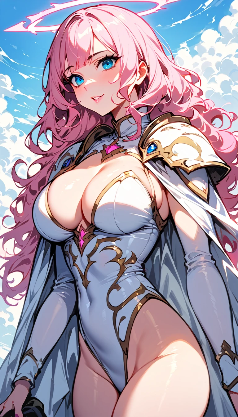 (high quality, 8k, 4K, high contrast, artwork:1.2, high quality, best aesthetics), (centralized), ((1 woman)), mature body, adult body, adult woman, fleshy woman, super detailed, beautiful face detailed, beautiful eyes detailed, detailed beautiful mouth, (light pink hair, long light pink hair, wavy light pink hair), (blue eyes), (sexy white medieval armor with pink details), (short pink ruffled skirt), (shoulder pads), (neckline), (long white cape), (exposed thighs), (pink angel halo), (calm facial expression), (standing erect), (looking at the viewer), (centered), (above the clouds), (clear blue sky), (front view)